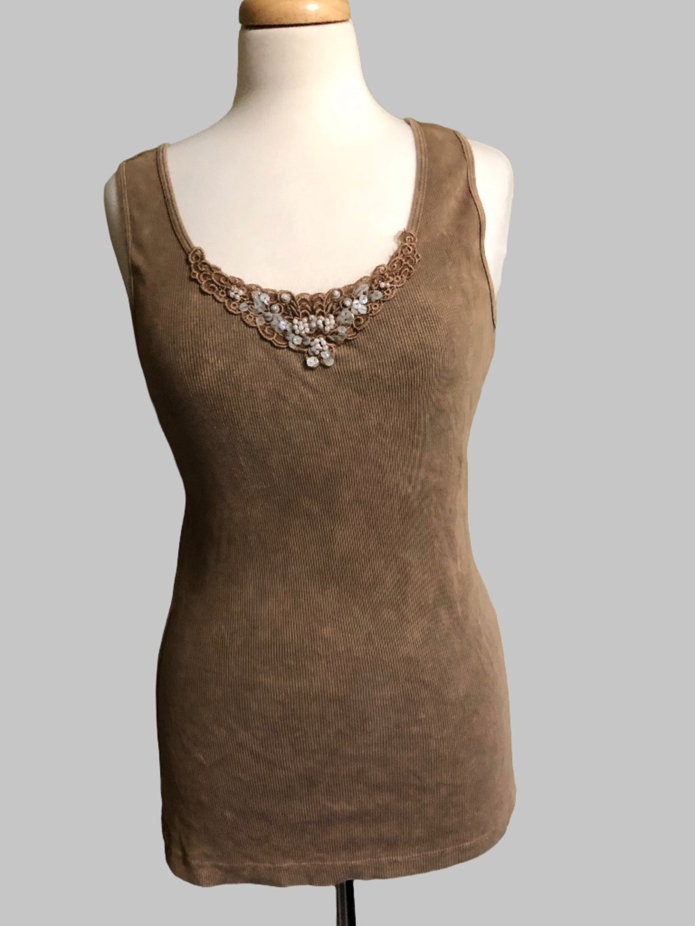 Apt. 9 Vintage Brown Ribbed Beaded Tank Top - Size XL (Fits like M)